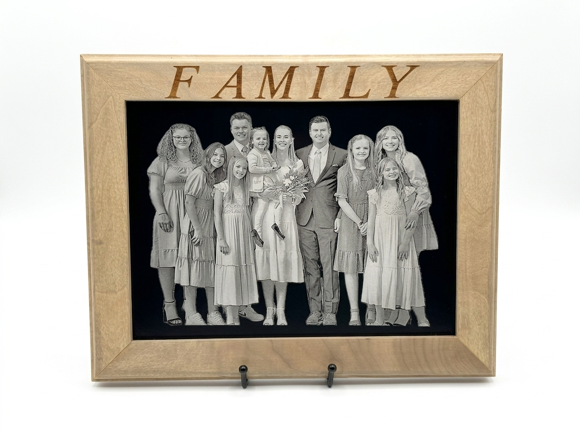 Engraved Family Portrait – Wood Framed Metal Art
