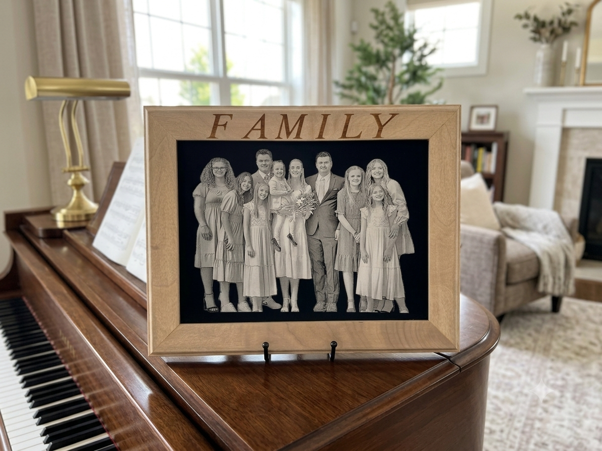 Engraved Family Portrait – Wood Framed Metal Art