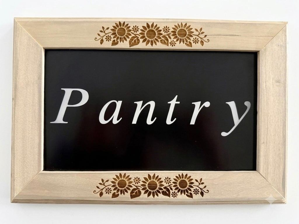 Engraved 12"x8" Pantry Sign with Floral Frame – Metal & Wood Kitchen Décor