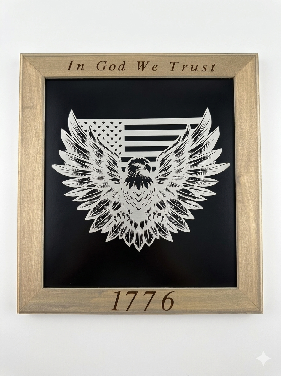 Framed artwork with an eagle design, American flag, and 'In God We Trust' text on a black background.